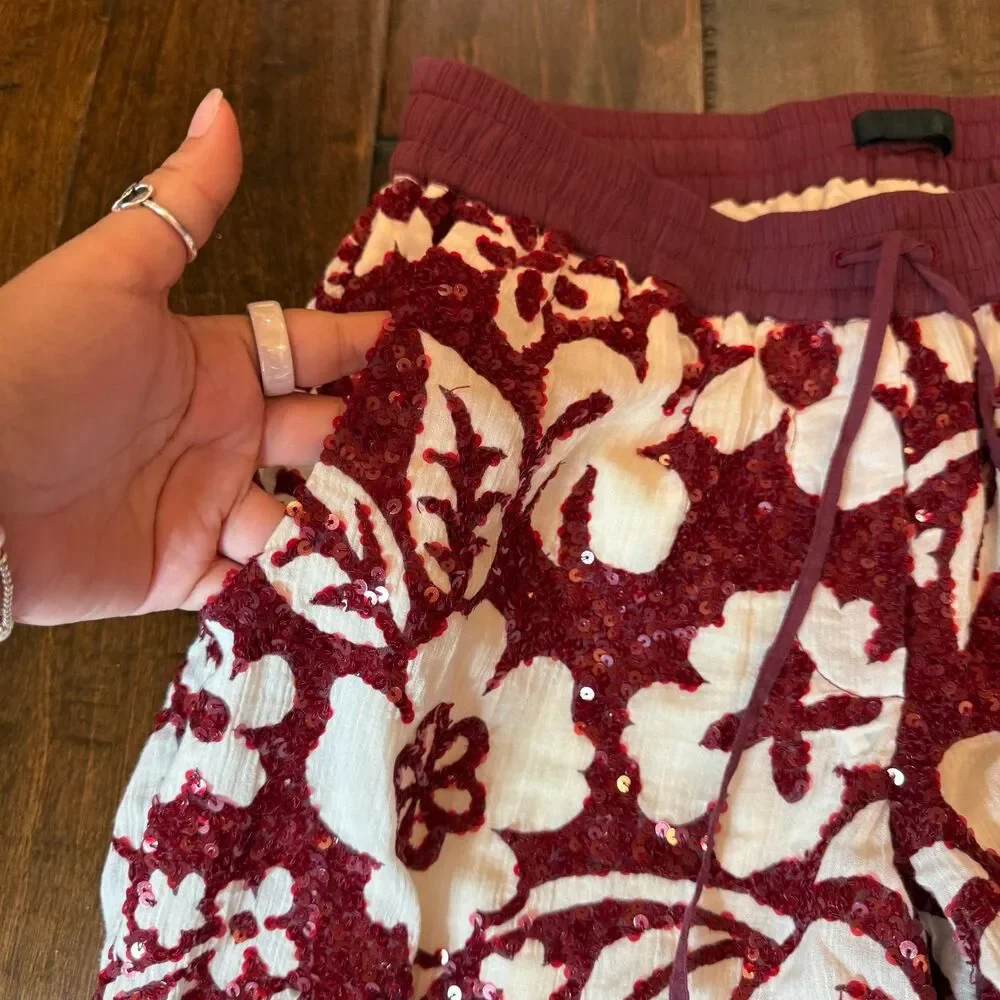 J. Crew Collection Tropical Sequin Pants Hibiscus Floral Burgundy Vacation